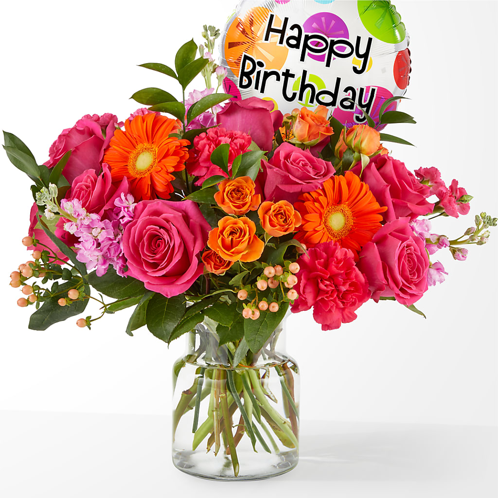 Fiesta Bouquet with Birthday Balloon – Tala Florist Northshore, North Vancouver BC