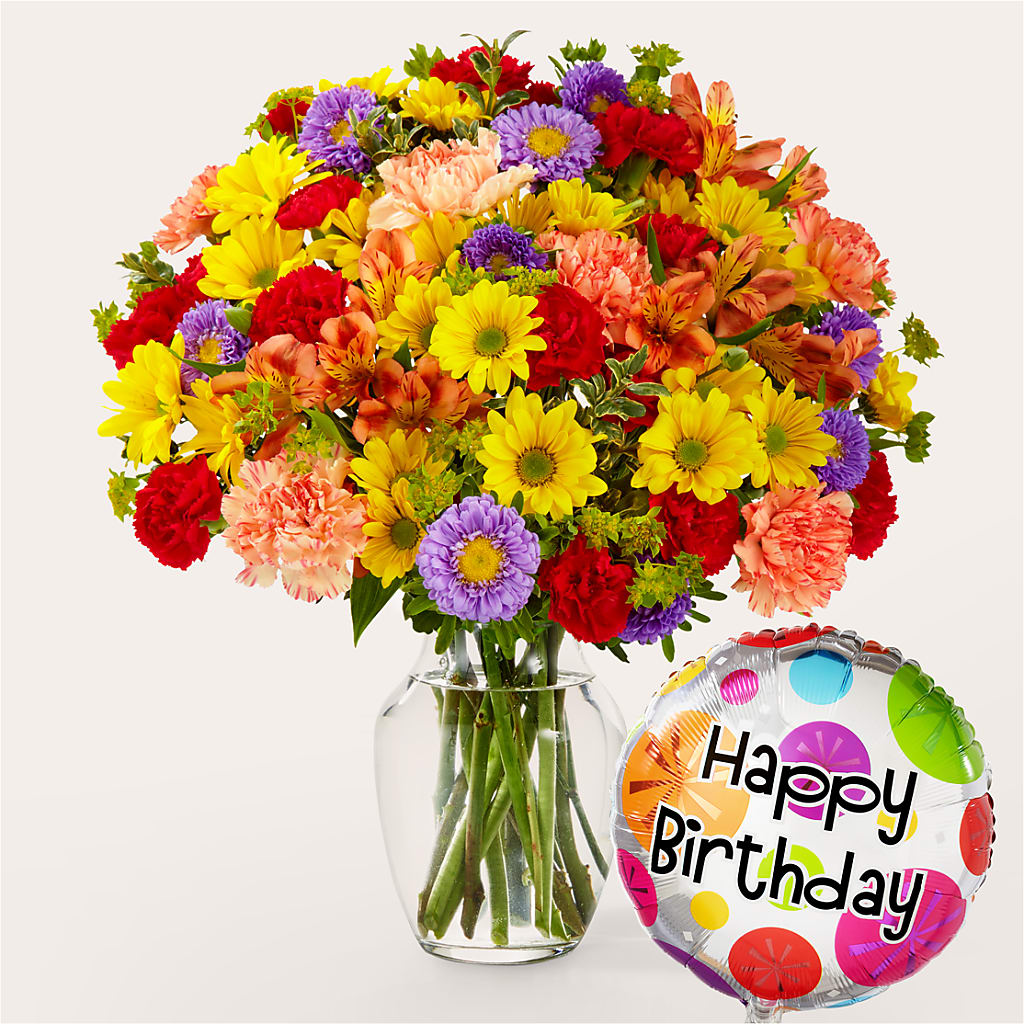 Kaleidoscope Bouquet with Birthday Balloon – Tala Florist Northshore, North Vancouver BC