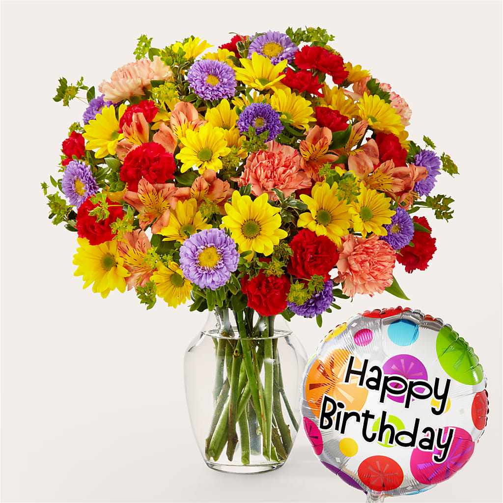Kaleidoscope Bouquet with Birthday Balloon – Tala Florist Northshore, North Vancouver BC