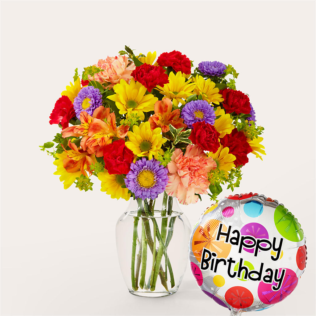 Kaleidoscope Bouquet with Birthday Balloon – Tala Florist Northshore, North Vancouver BC
