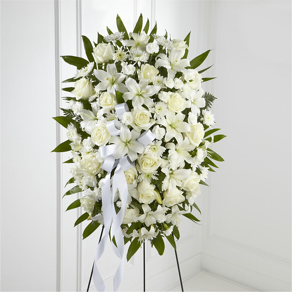 Exquisite Tribute Standing Spray-White Ribbon – Tala Florist Northshore, North Vancouver BC